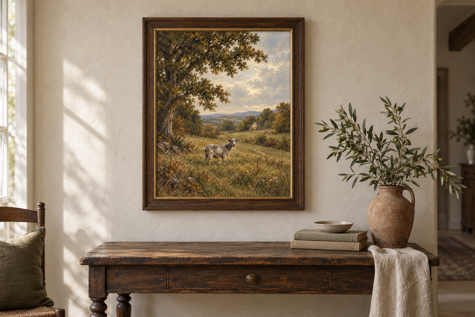 The Quiet Pasture artwork in a walnut frame above an antique oak table with olive branches
